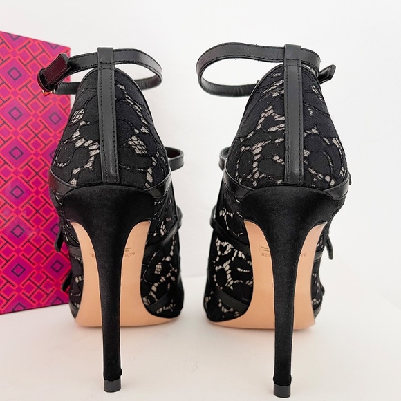 TORY BURCH Satin Lace Leather Black Pointy Toe Camellia shoes Heels pumps US 9.5 - Picture 7 of 9